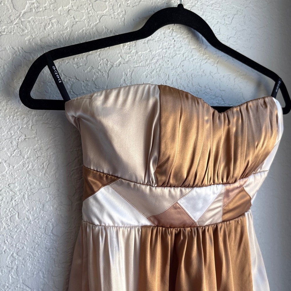 Vintage Y2K Bebe M Silk Strapless Babydoll Tube Top Colorblock Patch Smocked Tie - Picture 2 of 8